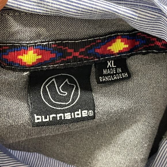 Burnside Button Up Shirt Mens XL Blue White Striped Missing a Button 100% Cotton - Picture 6 of 7